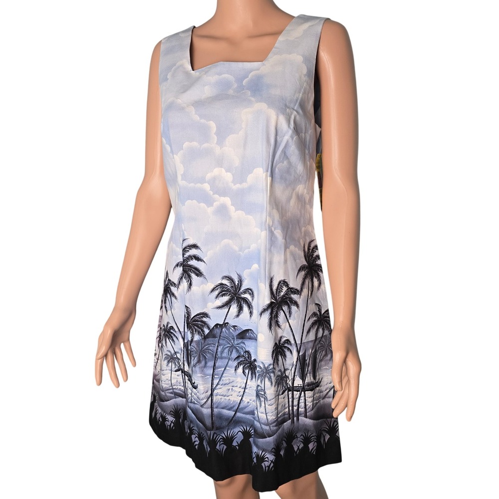 Vintage Shannon Marie Hawaii Dress NWT‎ Large Blue Cloud Palm Tree Border Print